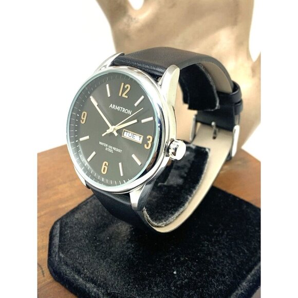 Armitron Men's Watch 20/5048SV Black Dial Day Date Quartz Leather Strap 40mm - Picture 14 of 14